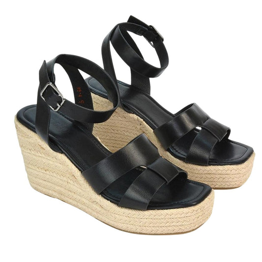 Black - Front - XY London Womens-Ladies Kala Ankle Strap Platform Wedge Sandals