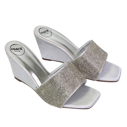 Silver - Front - XY London Womens-Ladies Eliza Diamante Satin Wedge Mule Sandals