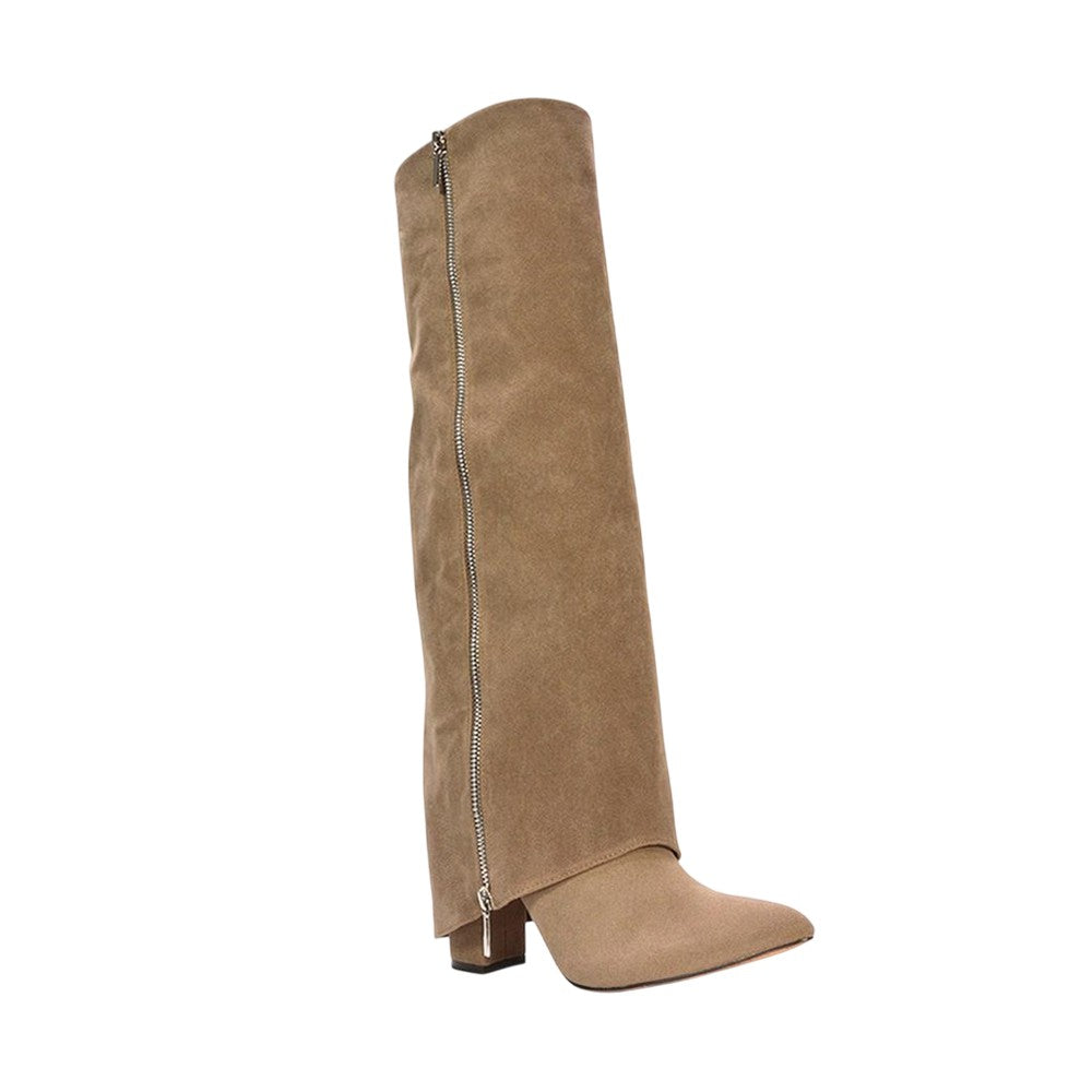 Taupe - Pack Shot - XY London Womens-Ladies Allie Fold Over Pointed Side Zip Knee-High Boots