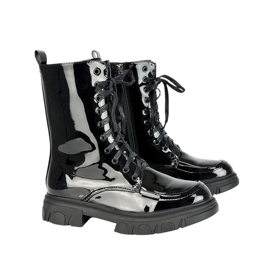 True Black - Front - Womens-Ladies Patent Biker Boots