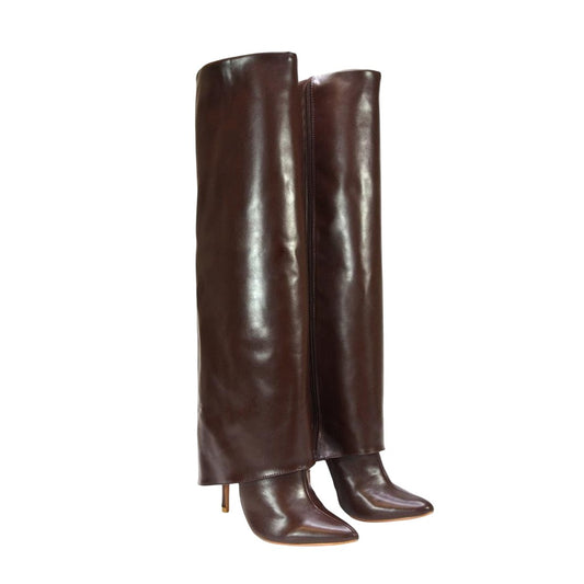 Brown - Front - XY London Womens-Ladies Shauna Fold Over Stiletto Heel Knee-High Boots