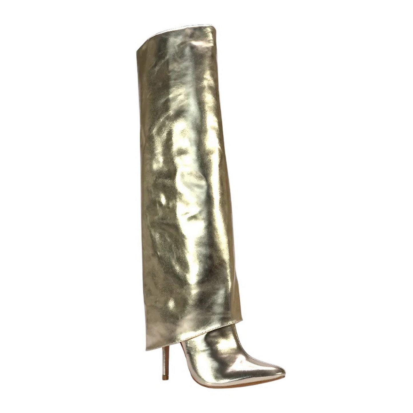 Metallic Gold - Pack Shot - XY London Womens-Ladies Shauna Fold Over Metallic High Stiletto Heel Knee-High Boots