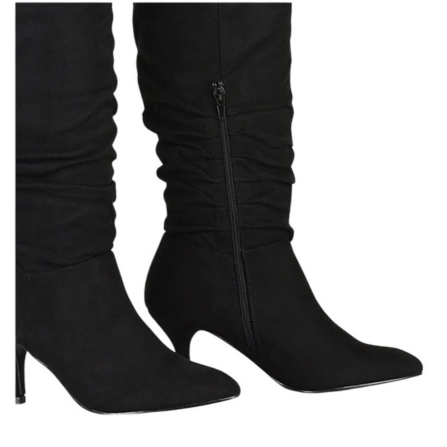 True Black - Pack Shot - XY London Womens-Ladies Sian Ruched Pointed Mid Stiletto Knee-High Boots