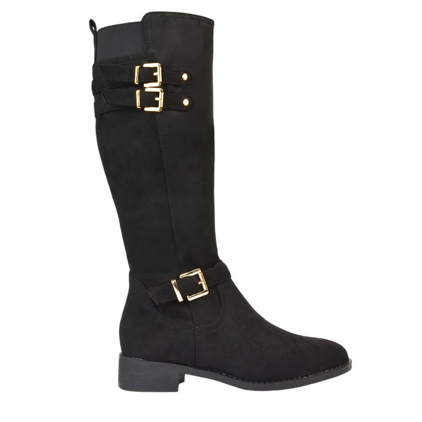 Jet Black - Lifestyle - XY London Womens-Ladies Amy Buckle Knee-High Elasticated Flat Biker Boots