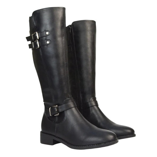 Black - Front - XY London Womens-Ladies Amy Buckle Knee-High Elasticated Flat Biker Boots