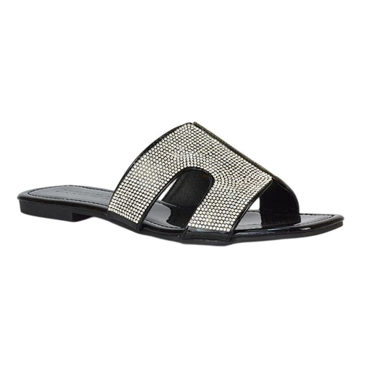 True Black - Front - XY London Womens-Ladies Jamie Patent Diamante Slip-on Flat Sliders