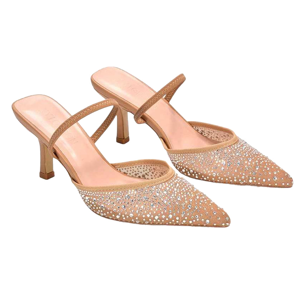 Beige - Close up - XY London Womens-Ladies Chase Rhinestone Mesh Court Shoes