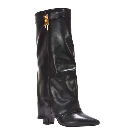 Black - Front - XY London Womens-Ladies Holly Fold Over Knee-High Boots