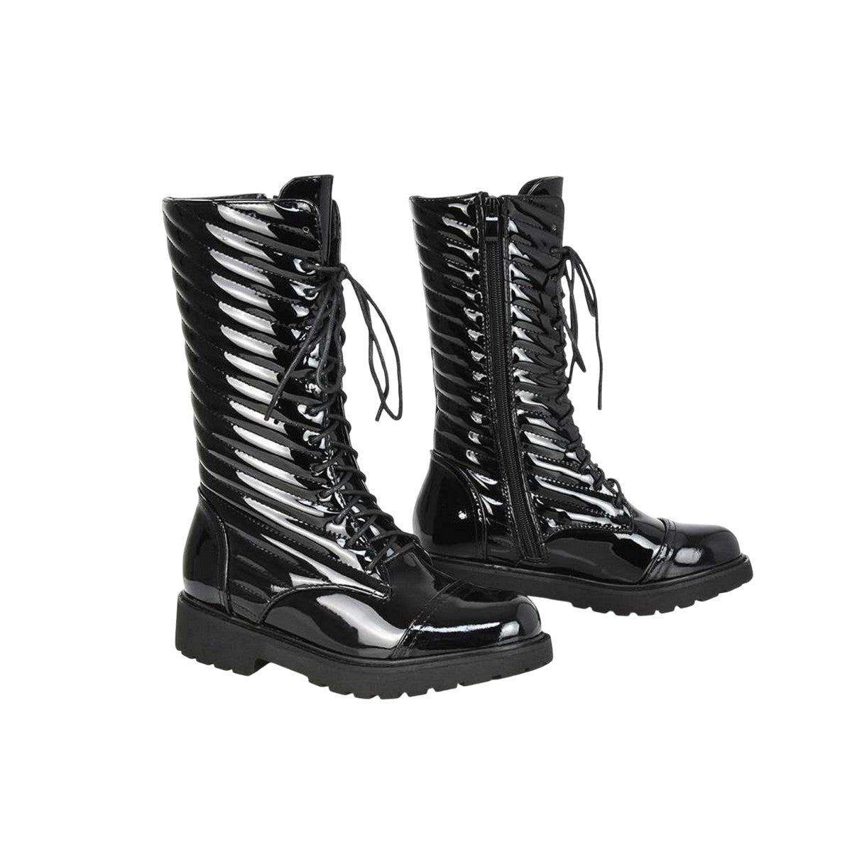 True Black - Pack Shot - XY London Womens-Ladies Patent Lace Up Padded Flat Combat Boots