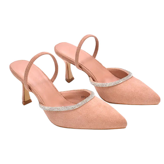 Natural - Front - XY London Womens-Ladies Carlene Diamante Trim Pointed Mid Stiletto Court Pumps