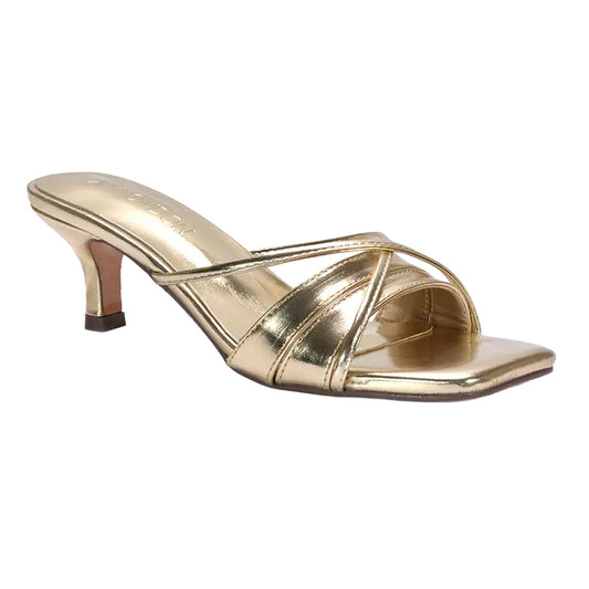 Metallic Gold - Front - XY London Womens-Ladies Claudia Metallic Strappy Mid Kitten Heel Sandals