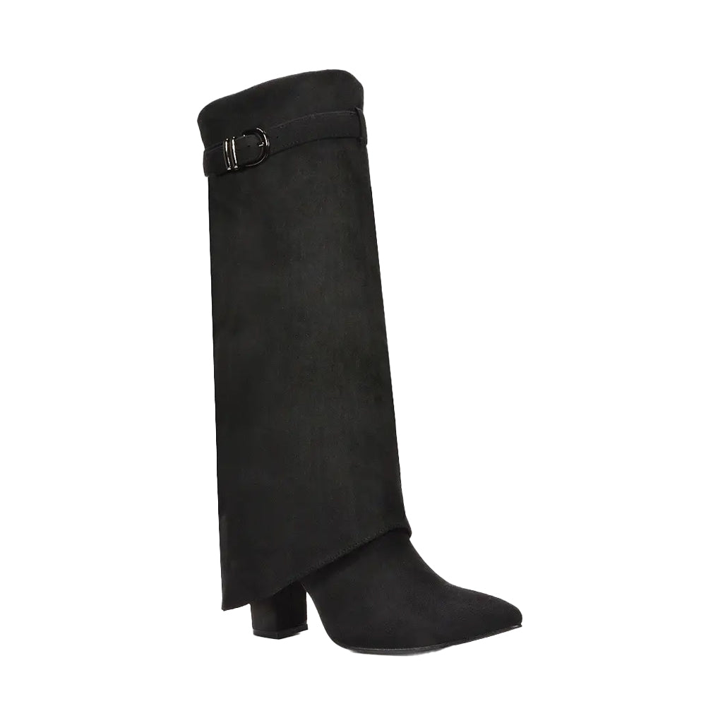 Jet Black - Side - XY London Womens-Ladies Aaliyah Folded Collar Zipped Knee-High Boots