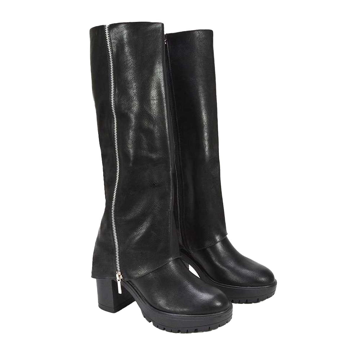 Black - Lifestyle - XY London Womens-Ladies Juliana Folded Collar Knee-High Boots