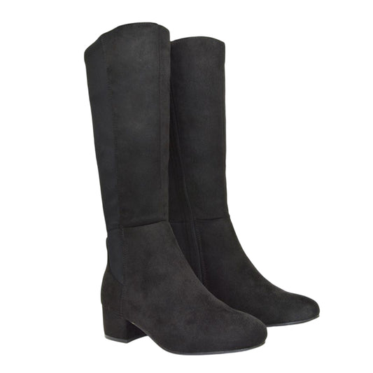 Jet Black - Front - XY London Womens-Ladies Hannah Zip Elasticated Shaft Low Block Heel Long Boots