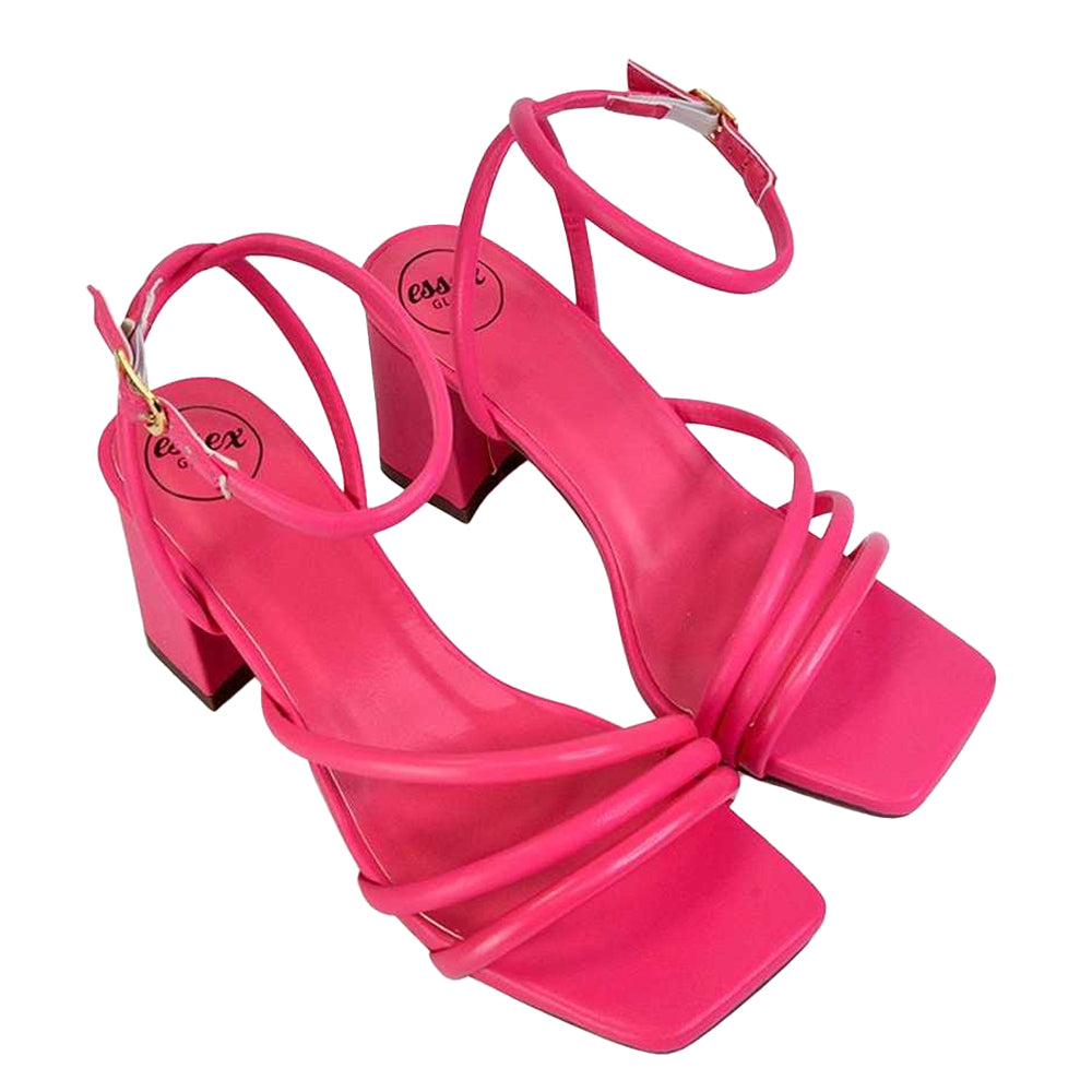 Pink - Pack Shot - XY London Womens-Ladies Trixie Strappy Square Toe Buckle Mid Block Heel Sandals