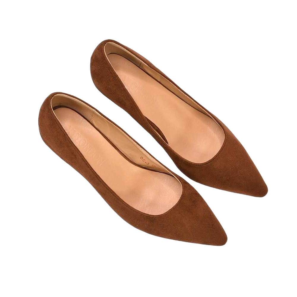 Brown - Pack Shot - XY London Womens-Ladies Cali Pointed Low Kitten Heel Court Shoes