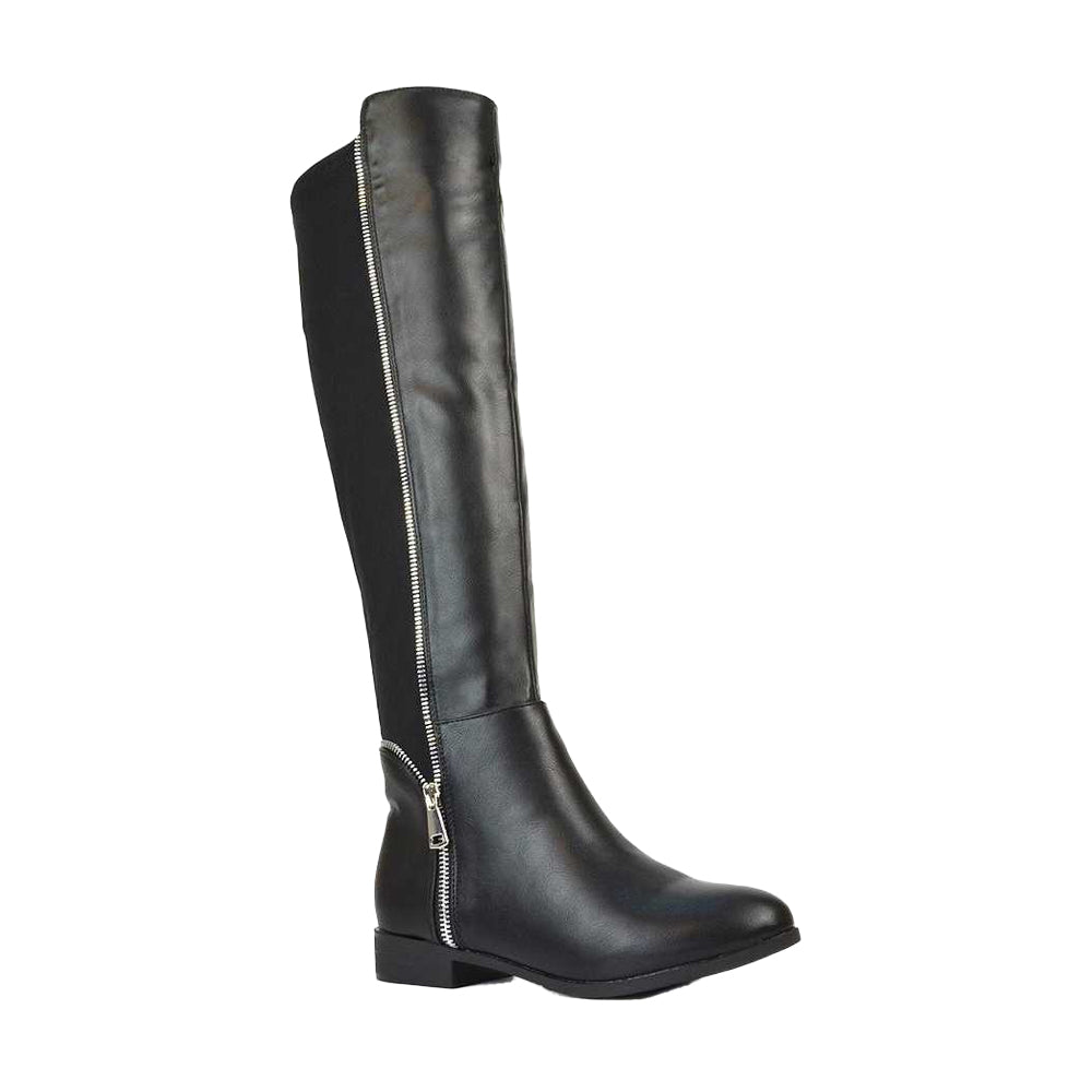 Black - Lifestyle - XY London Womens-Ladies Sutton Zip Stretch Calf Flat Knee-High Boots