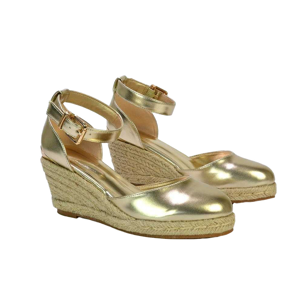 Metallic Gold - Side - XY London Womens-Ladies Forest Metallic Closed Toe Wedge Espadrilles