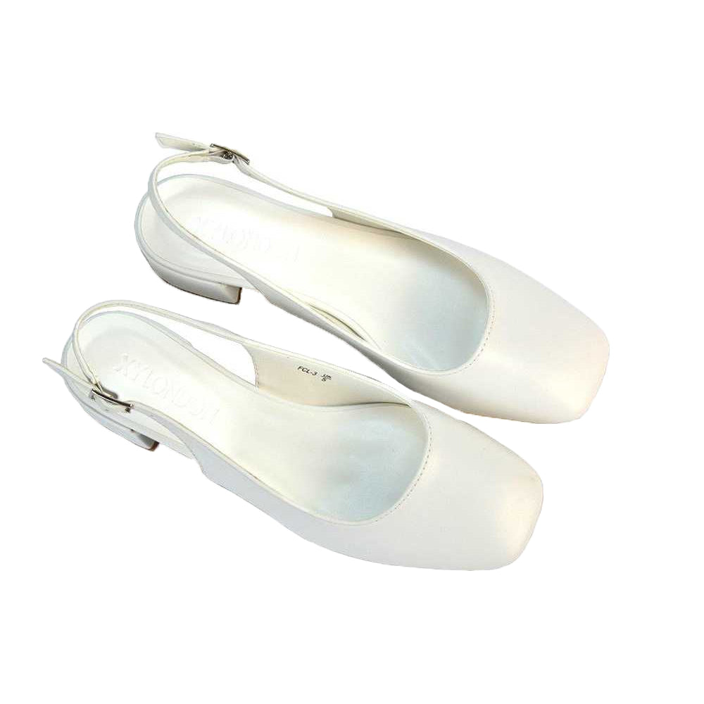 White - Side - XY London Womens-Ladies Jilly Sling Back Low Block Heel Court Shoes