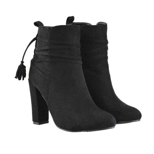 Jet Black - Front - XY London Womens-Ladies Jamie Tassel Tie Up High Block Heel Ankle Boots