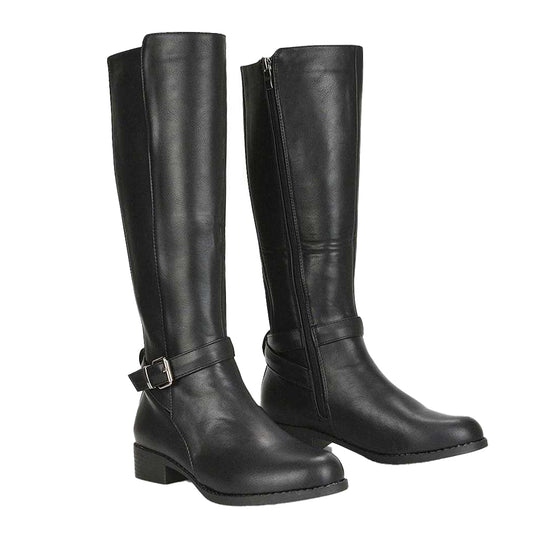 Black - Front - XY London Womens-Ladies Cameron Elasticated Shaft Low Block Heel Knee-High Boots