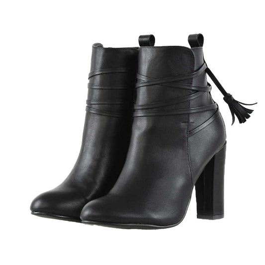 Black - Front - XY London Womens-Ladies Jamie Tassel Tie Up High Block Heel Ankle Boots