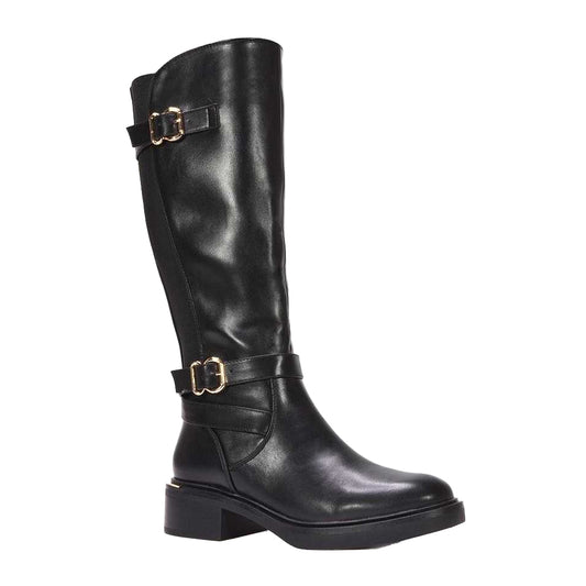 Black - Front - XY London Womens-Ladies Beatrice Elasticated Knee-High Biker Boots