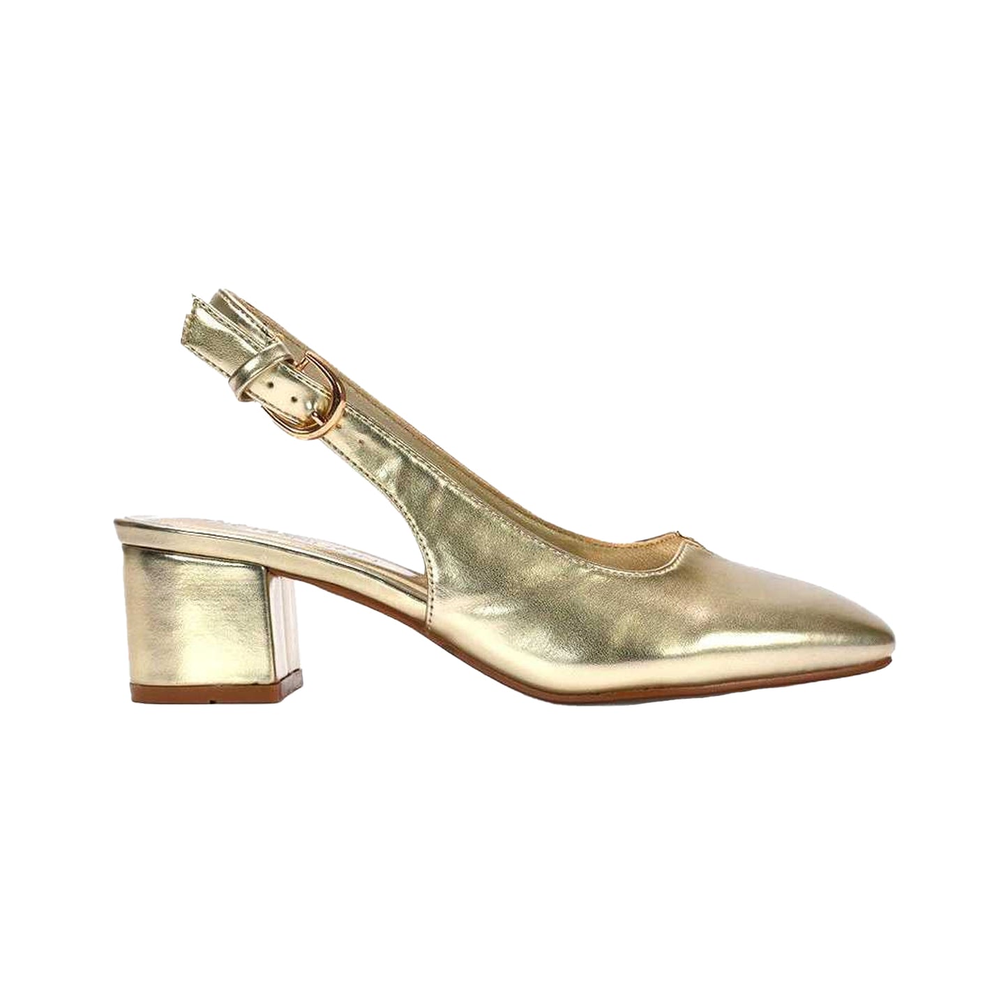Gold - Side - XY London Womens-Ladies Elowen Metallic Sling Back Mid Block Heel Court Shoes