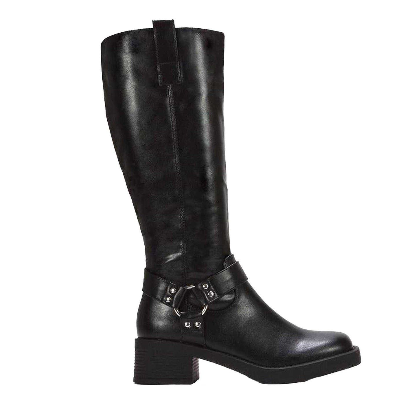 Black - Side - XY London Womens-Ladies Roma Knee-High Mid Block Heel Western Boots