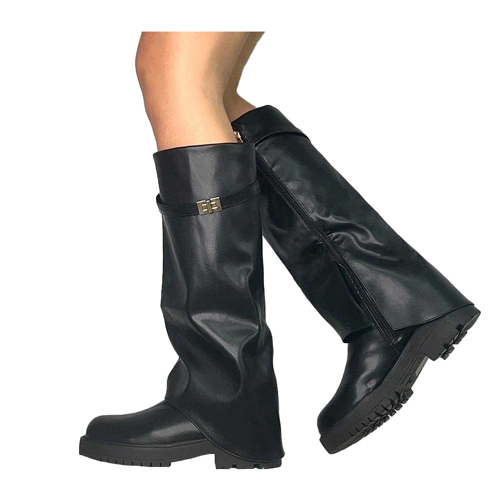 Black - Side - XY London Womens-Ladies Amina Fold Over Knee-High Low Heel Boots