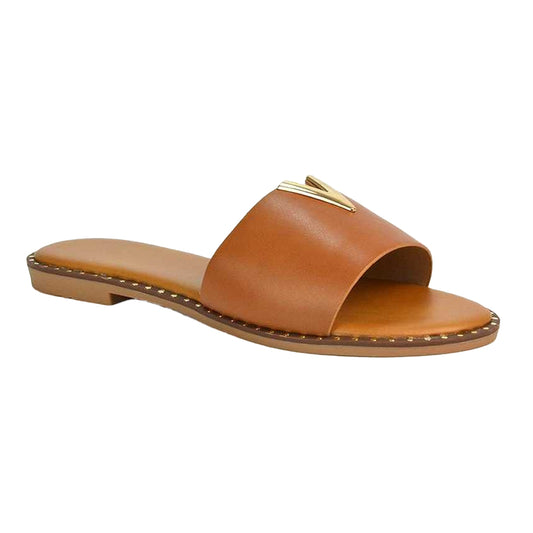 Tan - Front - XY London Womens-Ladies Rorie Cut Out Sliders