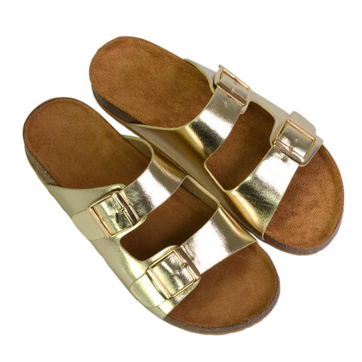 Gold - Lifestyle - XY London Womens-Ladies Star Metallic Double Strap Buckle Sandals
