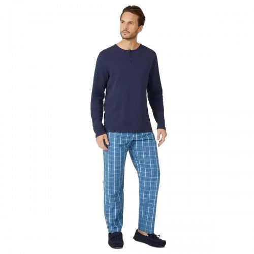 Front - Debenhams Mens Checked Brushed Grandad Collar Pyjama Set