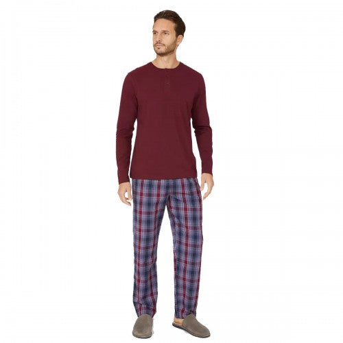 Front - Debenhams Mens Checked Grandad Collar Long Pyjama Set