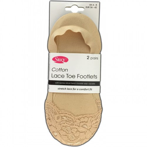 Front - Silky Womens/Ladies Cotton Lace Toe Footlets (2 Pairs - Black/Natural Assorted)