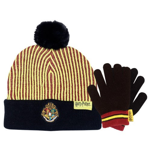 Front - Harry Potter Boys Hogwarts Crest Beanie & Gloves Set