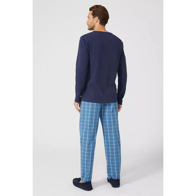 Blue - Back - Debenhams Mens Checked Brushed Grandad Collar Pyjama Set