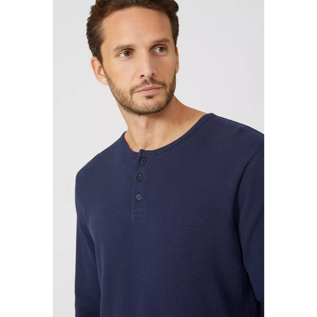 Blue - Side - Debenhams Mens Checked Brushed Grandad Collar Pyjama Set