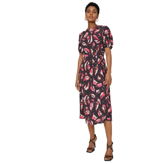 Black - Front - Principles Womens-Ladies Leaf Print Pleated Puffed Midi Dress