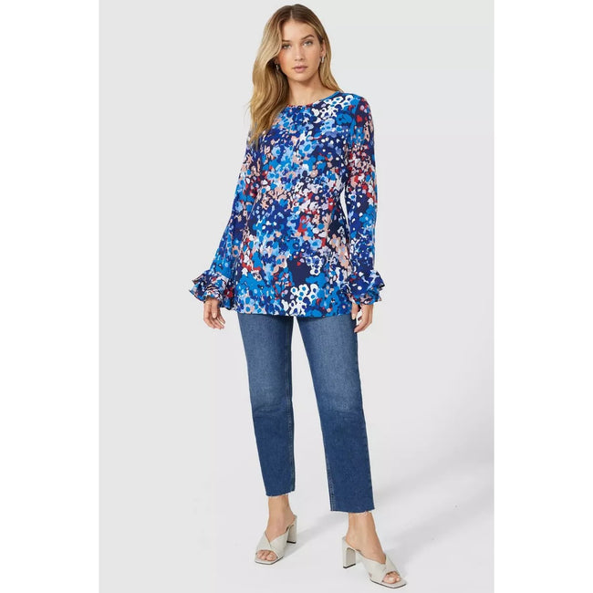 Blue - Pack Shot - Principles Womens-Ladies All-Over Print Ruffle Tunic