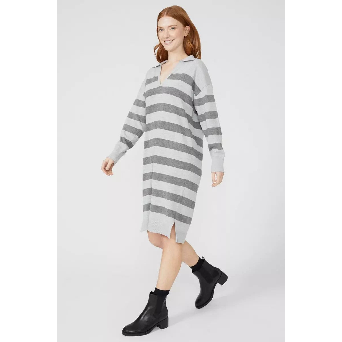 Grey - Pack Shot - Maine Womens-Ladies Striped Cotton V Neck Jumper Dress