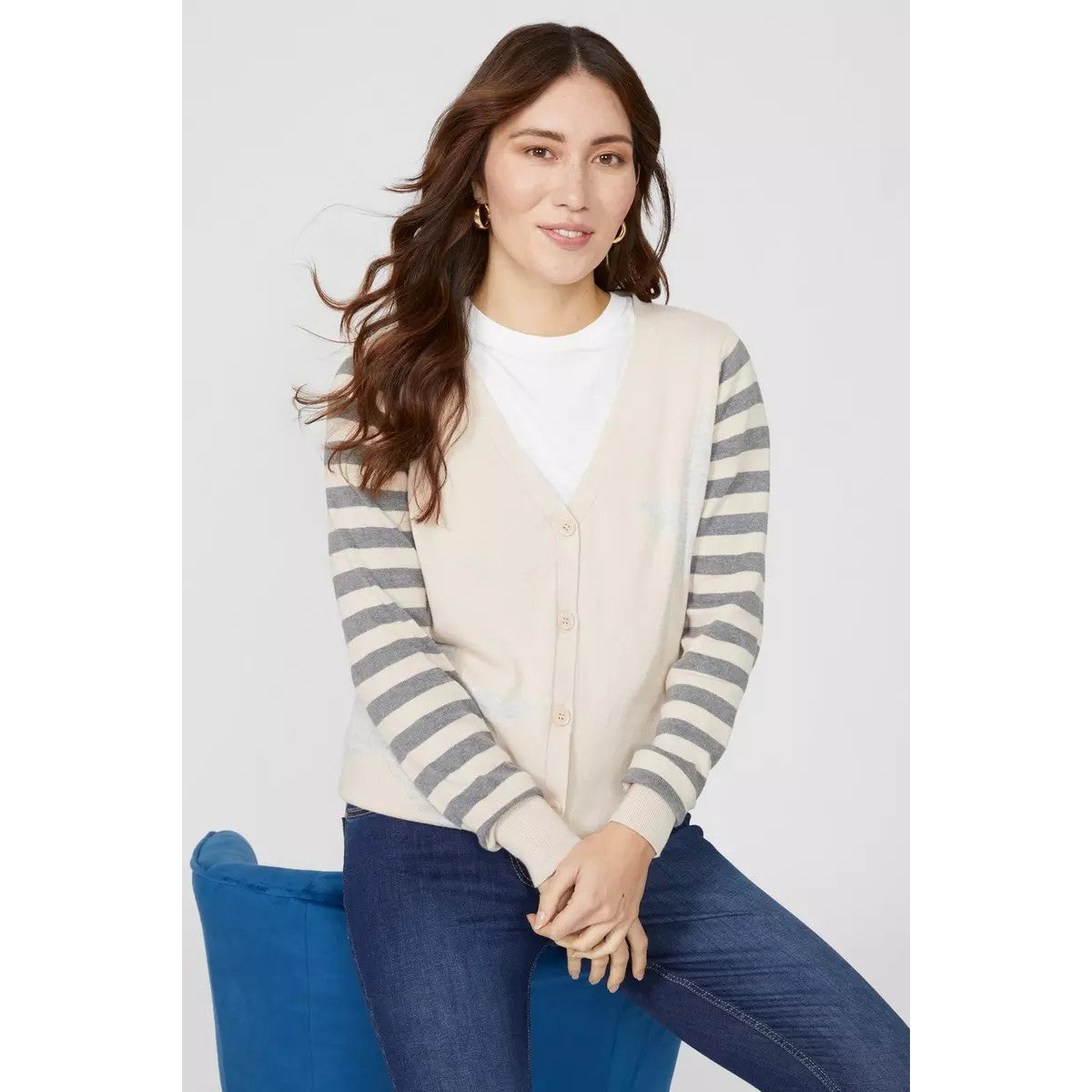 Oatmeal - Pack Shot - Mantaray Womens-Ladies Stars & Stripes Intarsia Long-Sleeved Cardigan