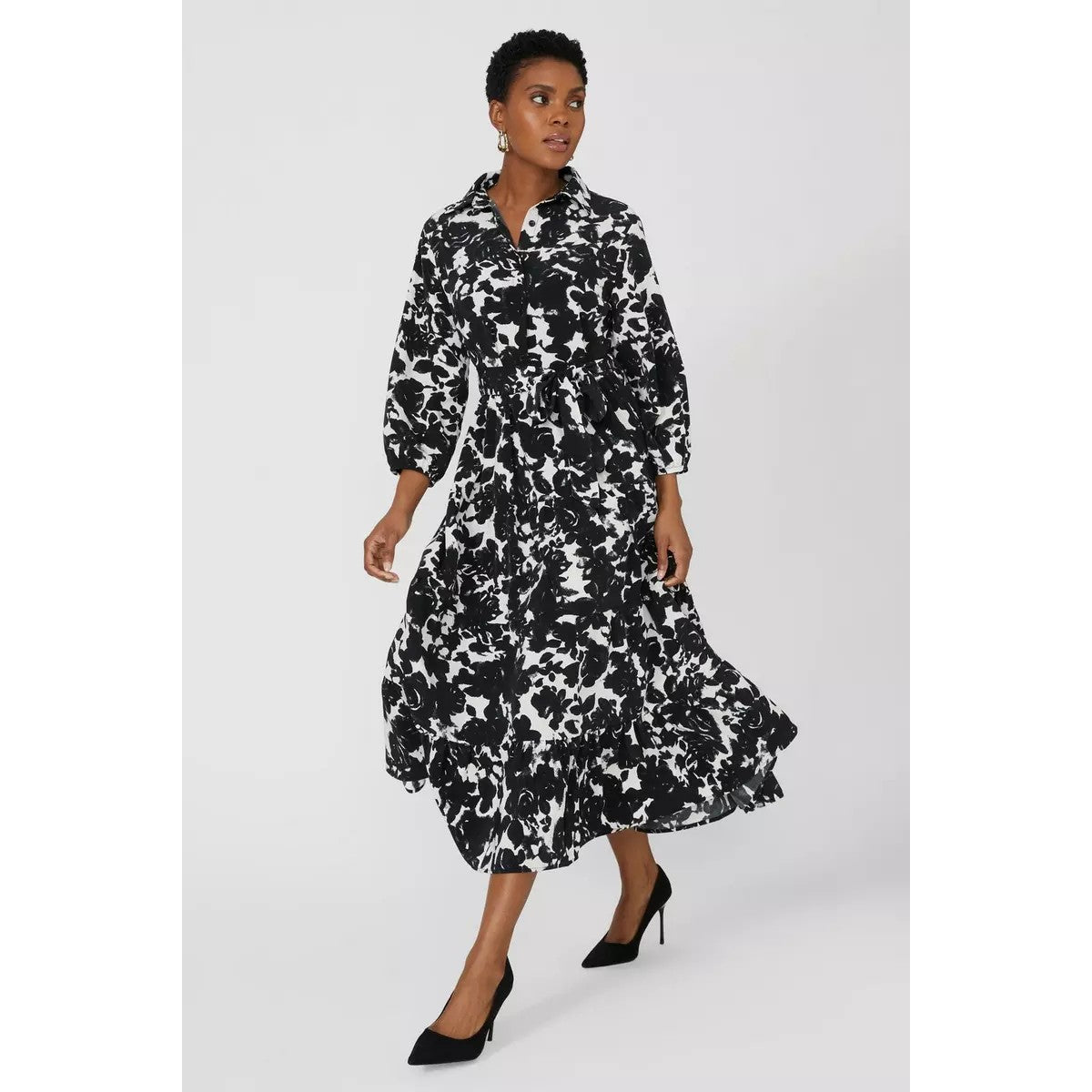 Monochrome - Pack Shot - Principles Womens-Ladies Floral 3-4 Sleeve Shirt Dress