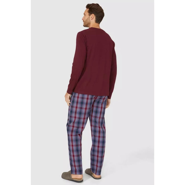 Wine - Back - Debenhams Mens Checked Grandad Collar Long Pyjama Set