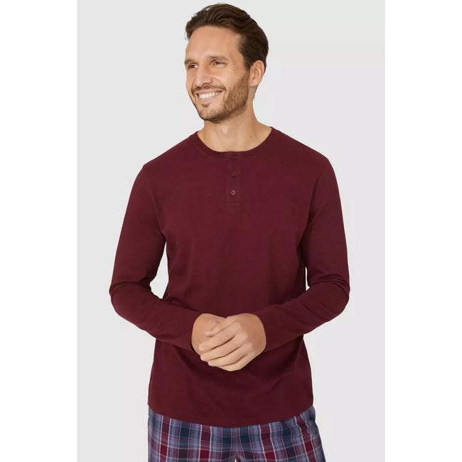 Wine - Side - Debenhams Mens Checked Grandad Collar Long Pyjama Set