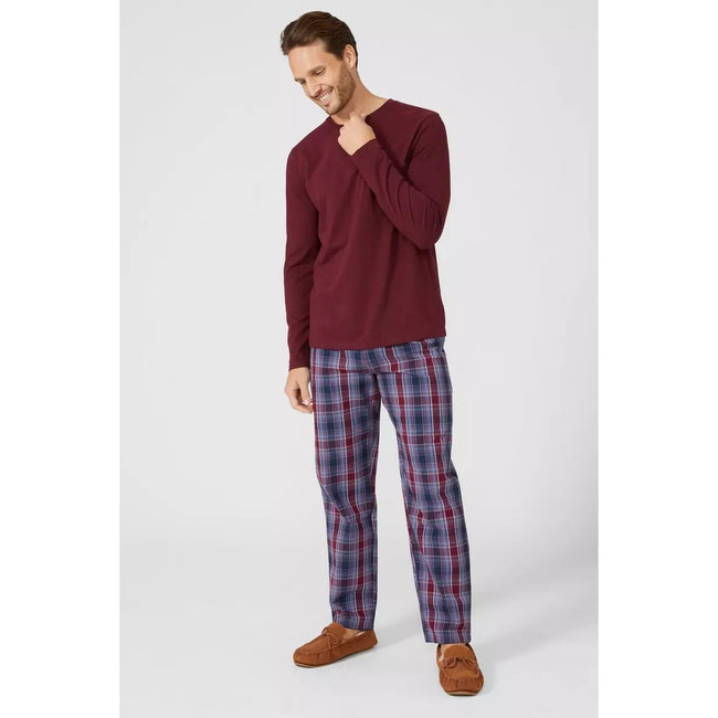 Wine - Close up - Debenhams Mens Checked Grandad Collar Long Pyjama Set