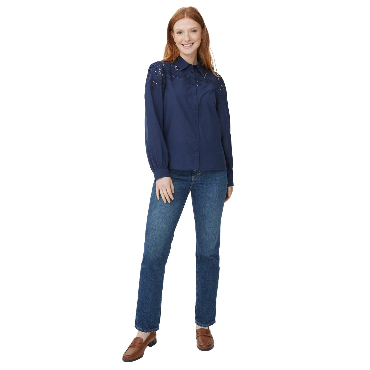Navy - Side - Maine Womens-Ladies Broderie Long-Sleeved Shirt