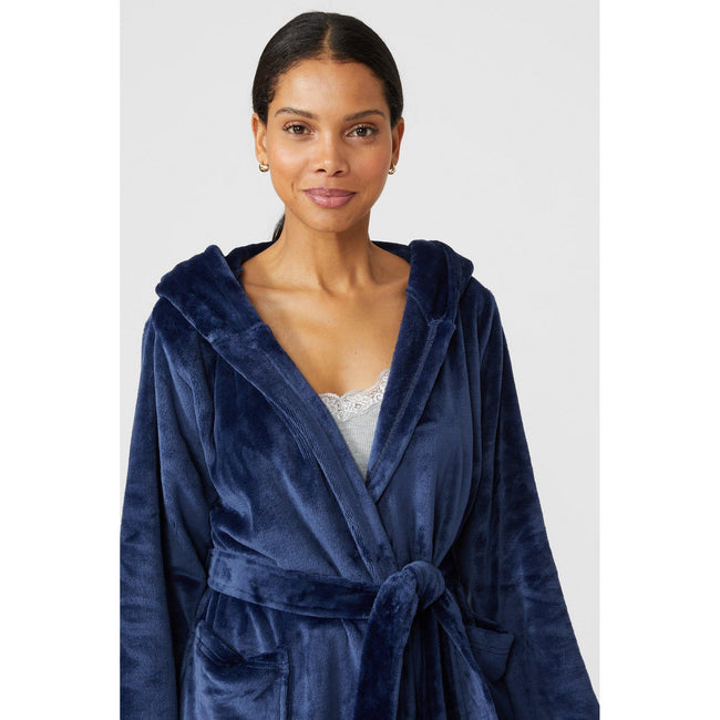 Navy - Side - Debenhams Womens-Ladies Sleek Hooded Nightwear Robe