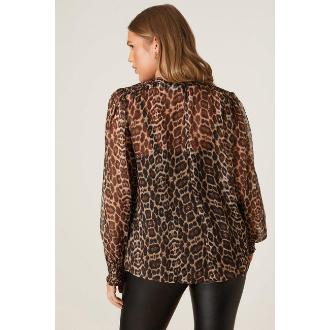 Black-Brown - Back - Dorothy Perkins Womens-Ladies Leopard Print Chiffon Plus Long-Sleeved Blouse