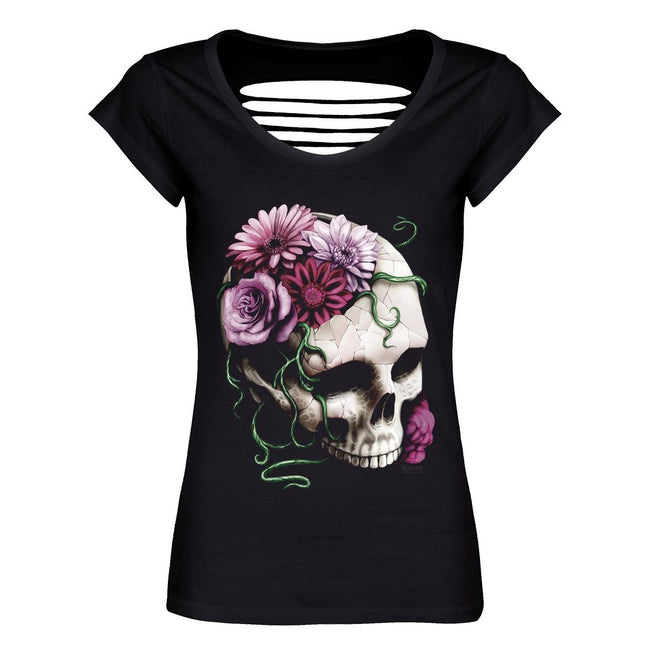Black - Front - Requiem Collective Ladies-Womens Cranial Bloom Razor Back T-Shirt